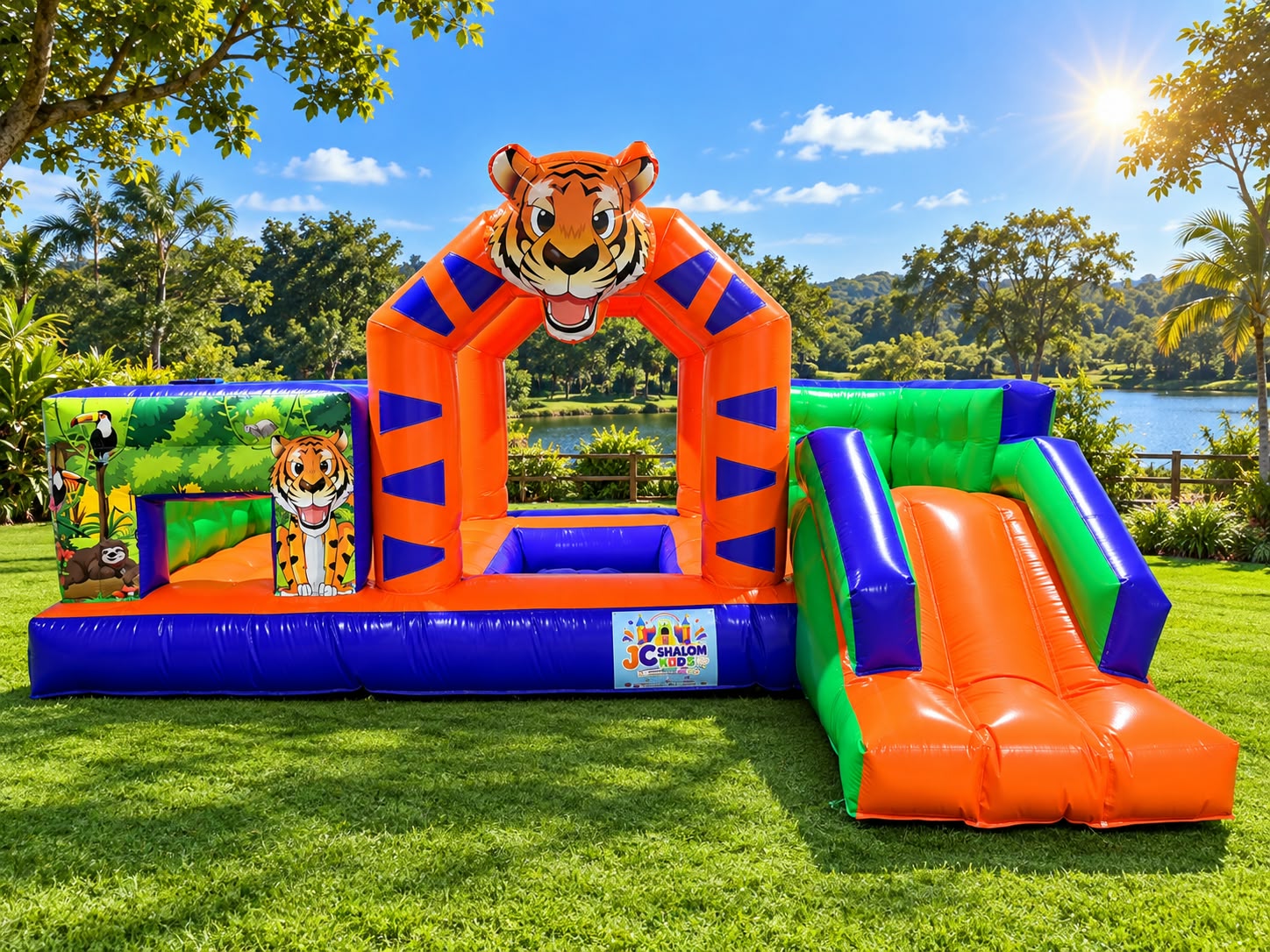 Multiplay 3 em 1 com tema de tigre, escorregador e área para brincar